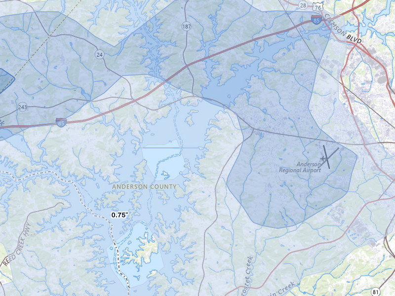 NEXRAD radar-signature map of the hail over Anderson, SC