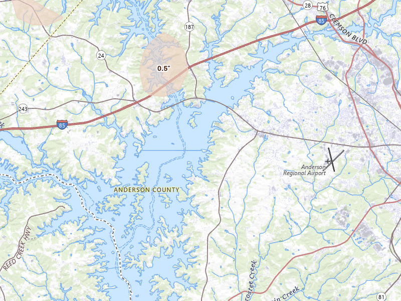 Radar-estimated hail-size map of the storm over Anderson, SC