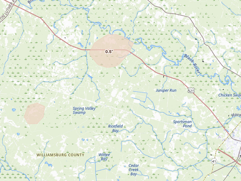 Radar-estimated hail-size map of the storm over Andrews, SC on Jun 26, 2026