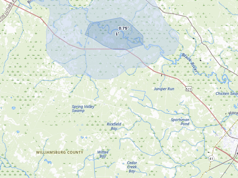 NEXRAD radar-signature map of the hail over Andrews, SC