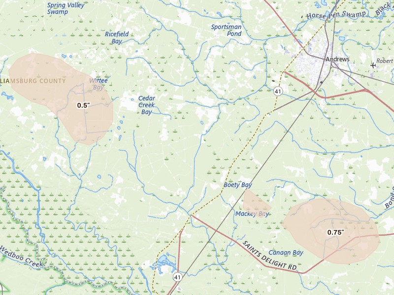 Radar-estimated hail-size map of the storm over Andrews, SC on Aug 13, 2026