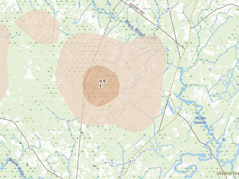 Radar-estimated hail-size map of the storm over Andrews, SC on Aug 21, 2026