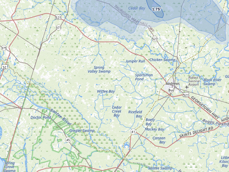 NEXRAD radar-signature map of the hail storm over Andrews, SC on Aug 21, 2026