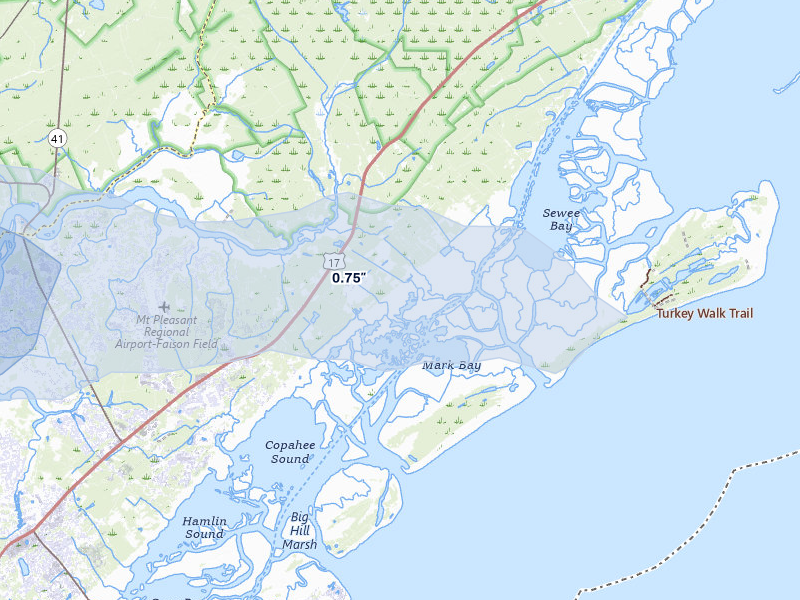 NEXRAD radar-signature map of the hail storm over Awendaw, SC on Jul 10, 2026
