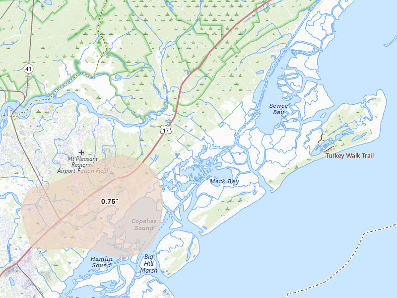 Radar-estimated hail-size map of the storm over Awendaw, SC on Jul 12, 2026