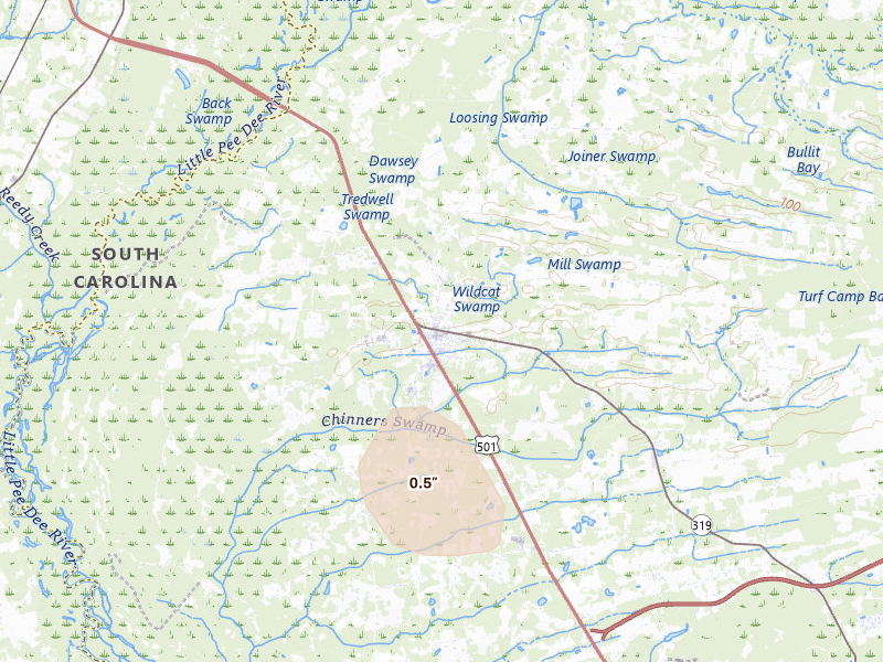 Radar-estimated hail-size map of the storm over Aynor, SC on Jun 14, 2026