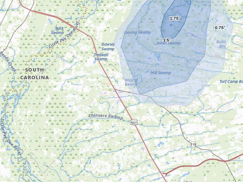 NEXRAD radar-signature map of the hail storm over Aynor, SC on Jul 5, 2026