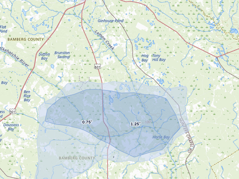 NEXRAD radar-signature map of the hail storm over Bamberg, SC on Apr 29, 2026