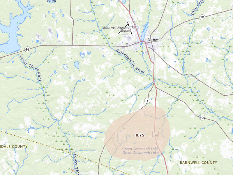 Radar-estimated hail-size map of the storm over Barnwell, SC on Aug 21, 2026