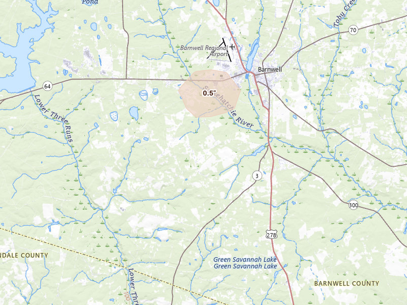 Radar-estimated hail-size map of the storm over Barnwell, SC on Aug 22, 2026