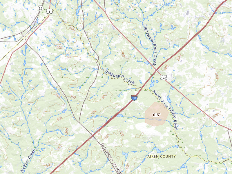 Radar-estimated hail-size map of the storm over Batesburg, SC on Jul 6, 2026