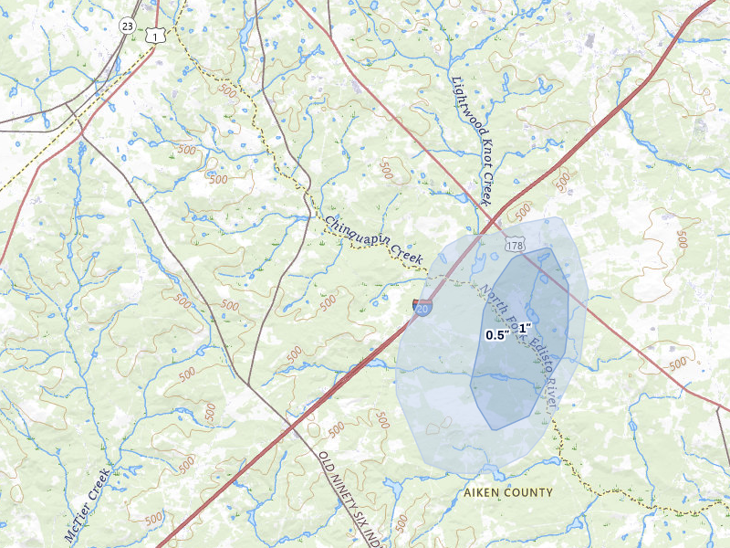 NEXRAD radar-signature map of the hail over Batesburg, SC