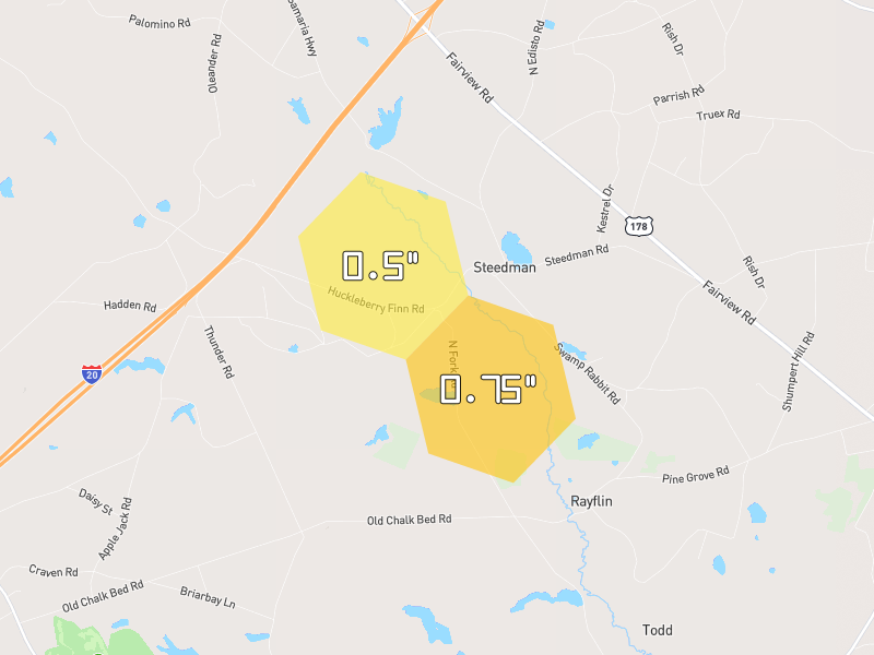Hail map of Batesburg, SC on Jul 7, 2026, hail up to 0.75"