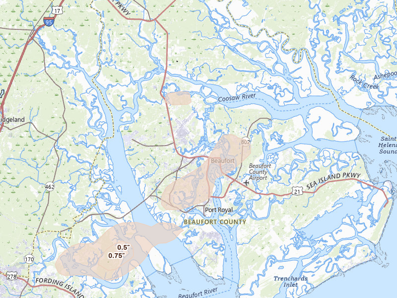 Radar-estimated hail-size map of the storm over Beaufort, SC on Jul 9, 2026