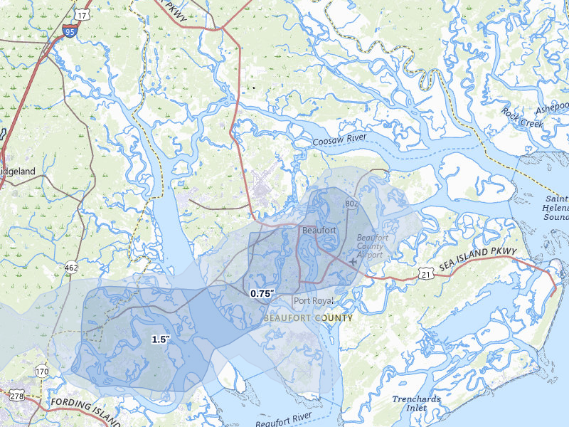 NEXRAD radar-signature map of the hail storm over Beaufort, SC on Jul 9, 2026