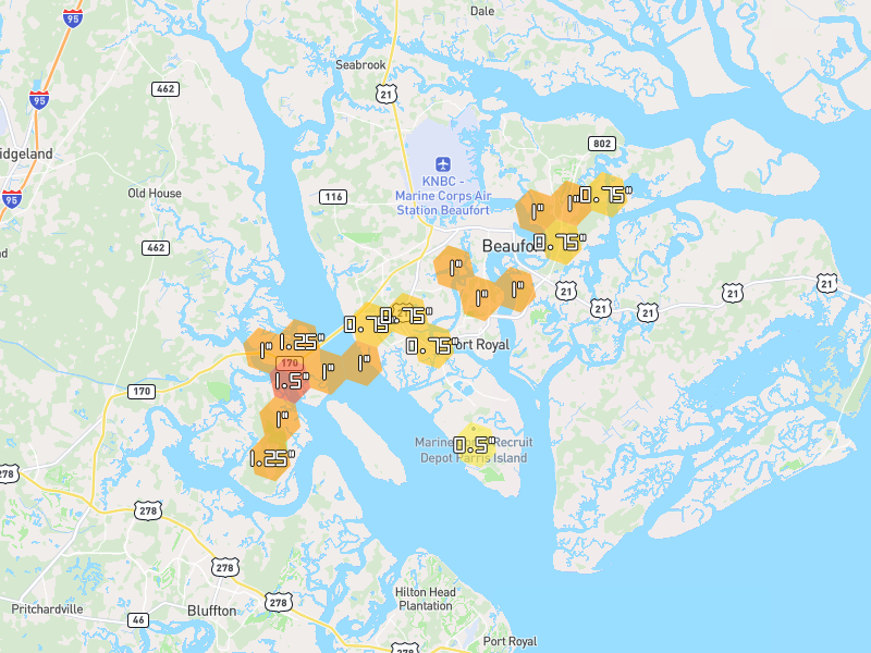 Hail map of Beaufort, SC on Jul 10, 2026, hail up to 1.5"