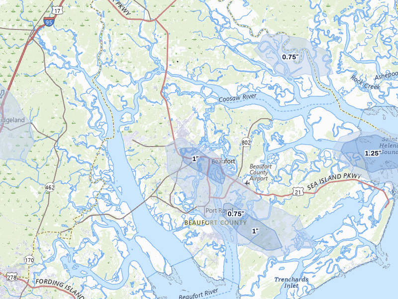 NEXRAD radar-signature map of the hail storm over Beaufort, SC on Jul 12, 2026