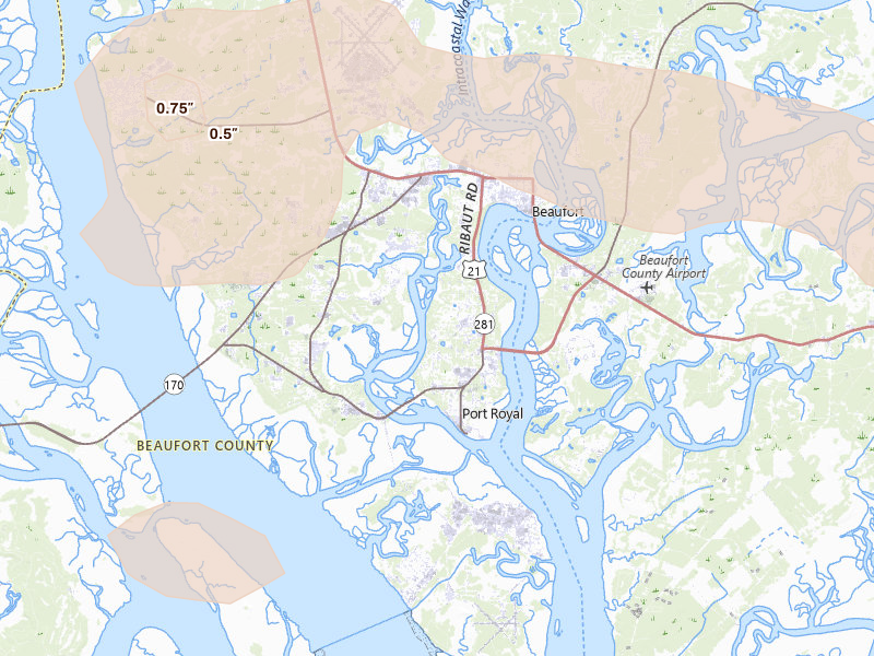 Radar-estimated hail-size map of the storm over Beaufort, SC on Aug 10, 2026