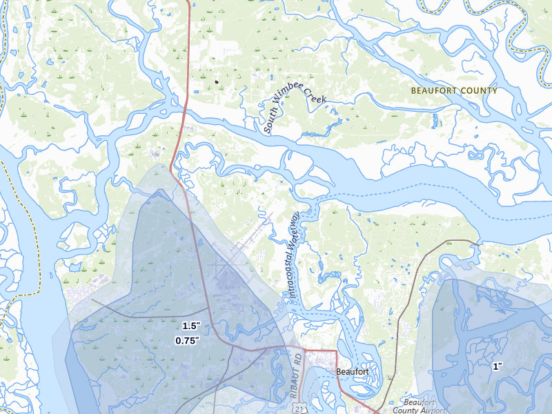NEXRAD radar-signature map of the hail storm over Beaufort, SC on Aug 10, 2026