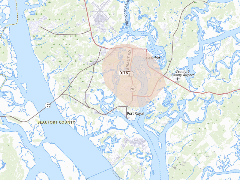 Radar-estimated hail-size map of the storm over Beaufort, SC on Aug 25, 2026