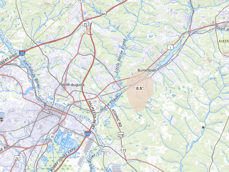 Radar-estimated hail-size map of the storm over Beech Island, SC