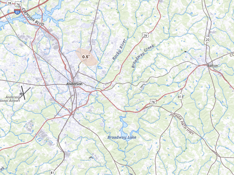 Radar-estimated hail-size map of the storm over Belton, SC on Jun 27, 2026
