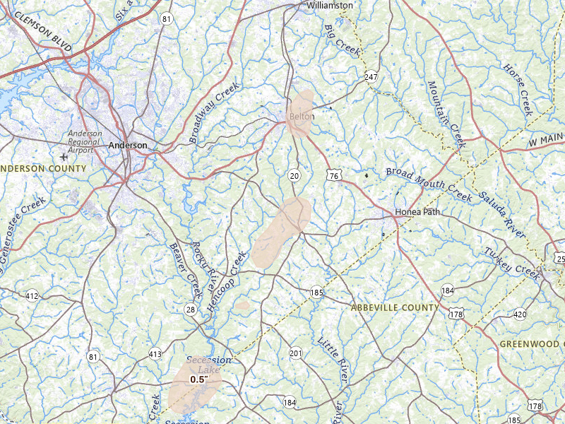 Radar-estimated hail-size map of the storm over Belton, SC on Aug 5, 2026