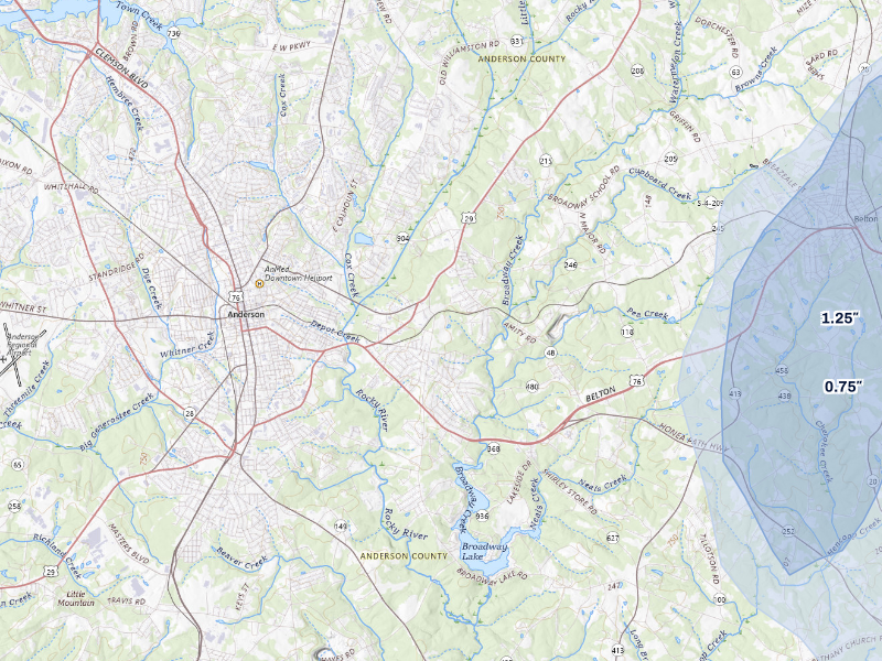NEXRAD radar-signature map of the hail storm over Belton, SC on Aug 5, 2026