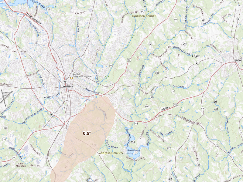 Radar-estimated hail-size map of the storm over Belton, SC on Sep 20, 2026