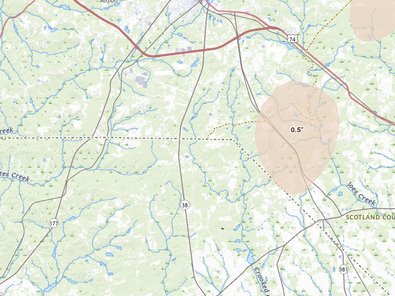 Radar-estimated hail-size map of the storm over Bennettsville, SC on Jul 5, 2026