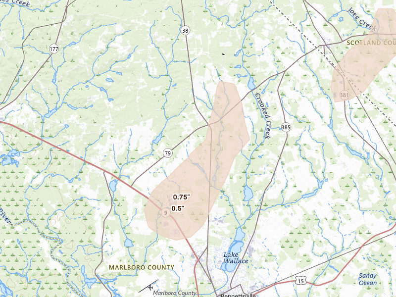 Radar-estimated hail-size map of the storm over Bennettsville, SC on Aug 11, 2026