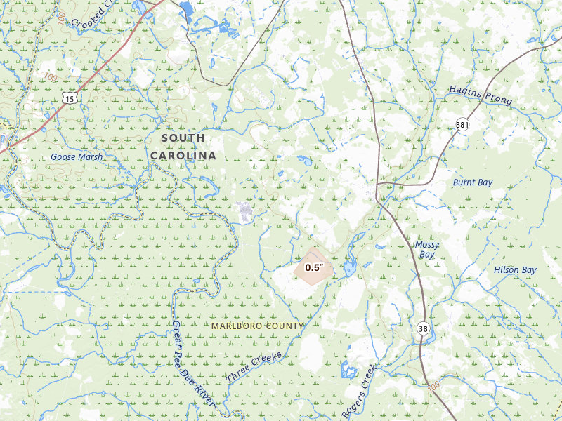 Radar-estimated hail-size map of the storm over Bennettsville, SC on Aug 20, 2026