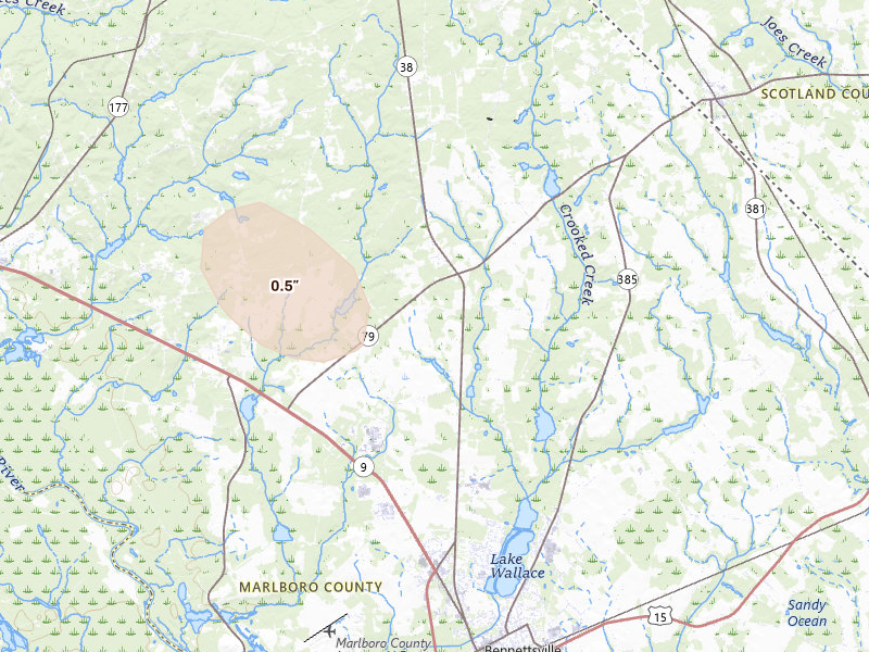 Radar-estimated hail-size map of the storm over Bennettsville, SC