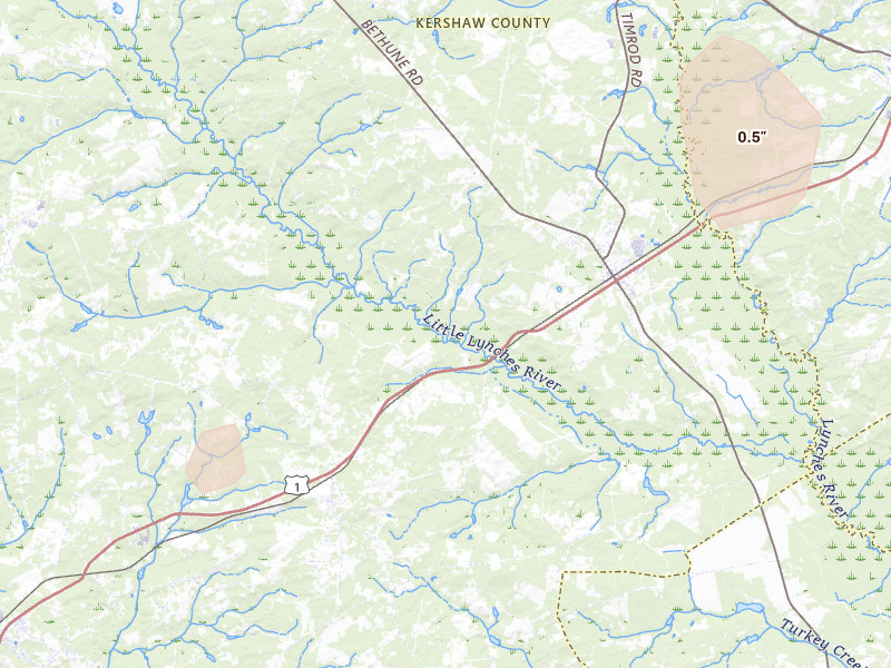 Radar-estimated hail-size map of the storm over Bethune, SC on Jul 5, 2026