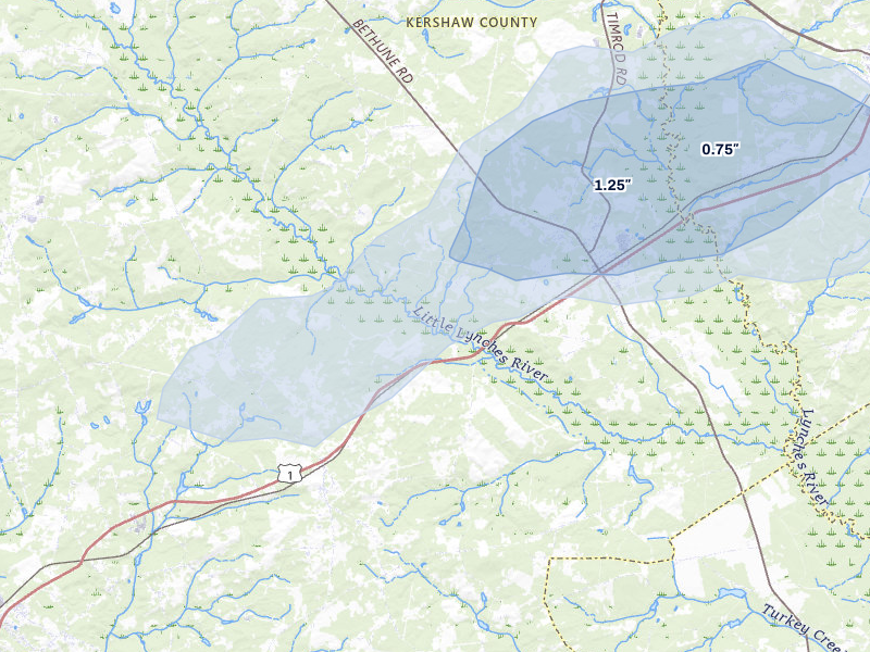 NEXRAD radar-signature map of the hail storm over Bethune, SC on Jul 5, 2026