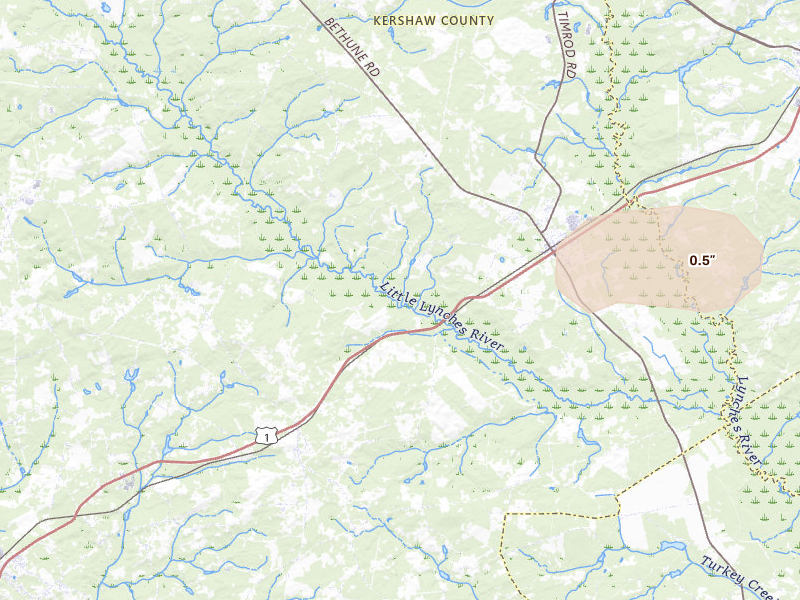 Radar-estimated hail-size map of the storm over Bethune, SC on Jul 6, 2026