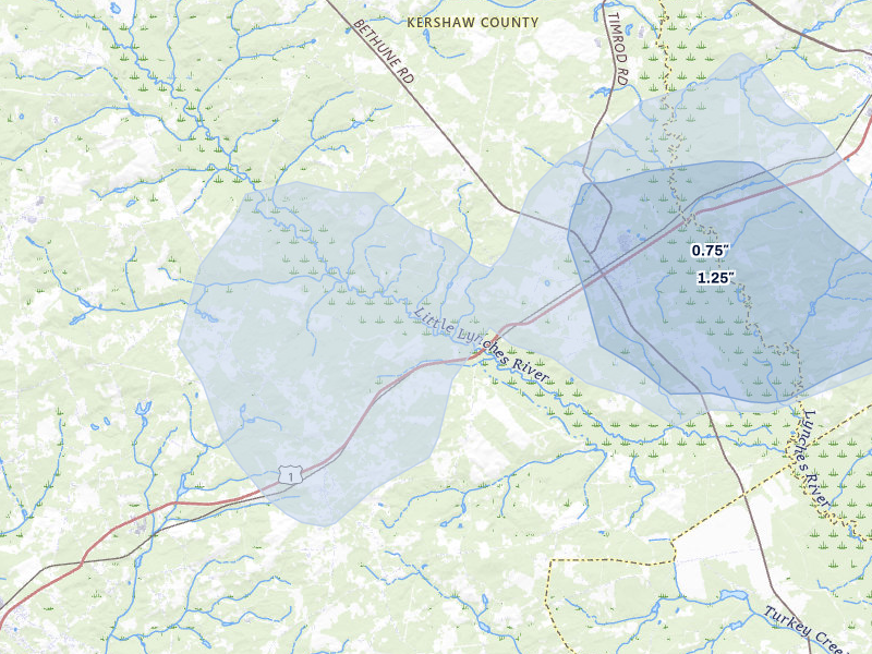 NEXRAD radar-signature map of the hail storm over Bethune, SC on Jul 6, 2026