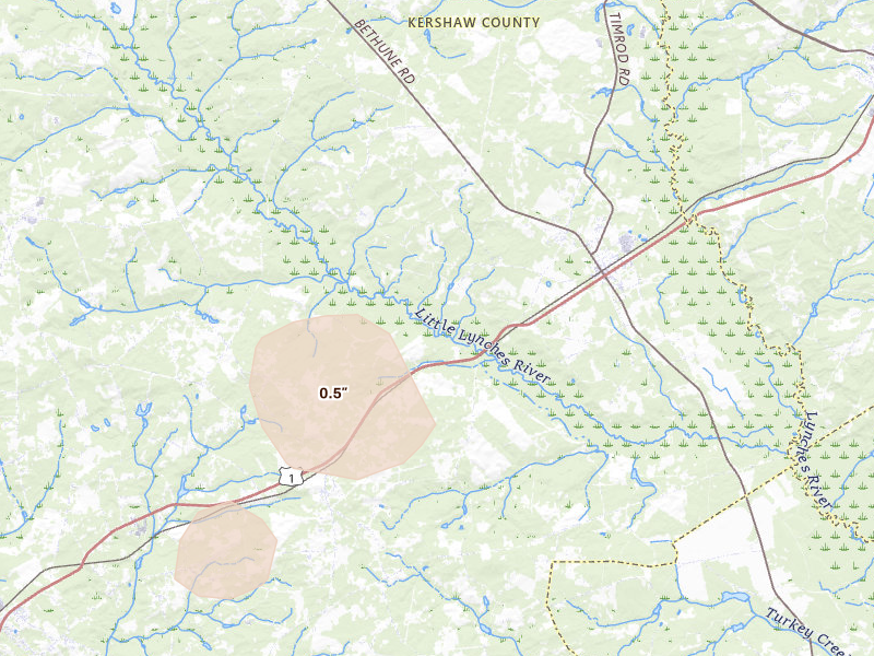 Radar-estimated hail-size map of the storm over Bethune, SC on Jul 12, 2026