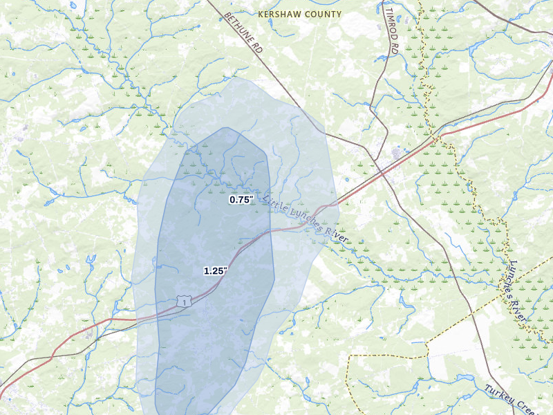 NEXRAD radar-signature map of the hail storm over Bethune, SC on Jul 12, 2026