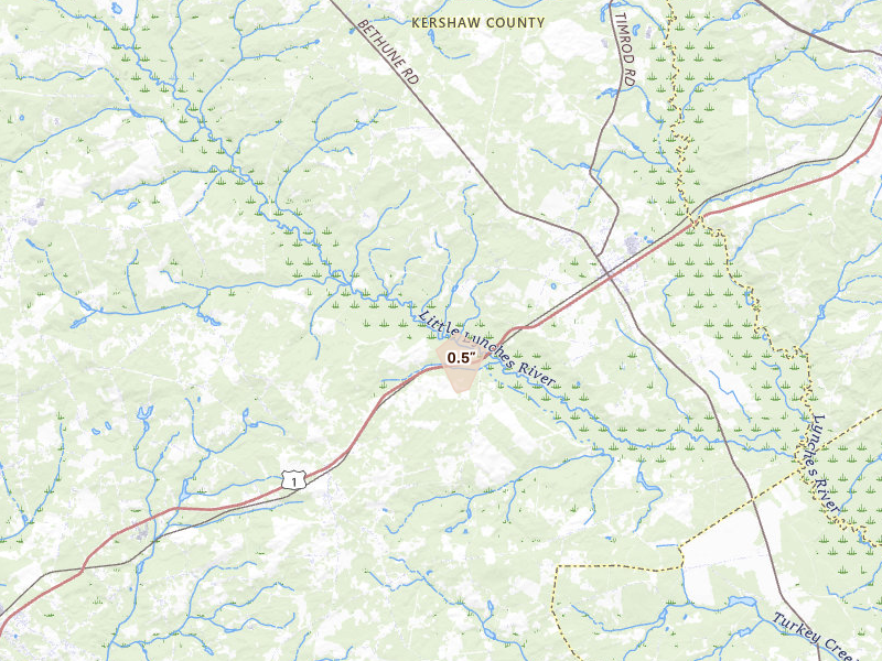 Radar-estimated hail-size map of the storm over Bethune, SC on Aug 16, 2026