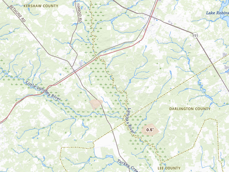 Radar-estimated hail-size map of the storm over Bethune, SC on Aug 20, 2026