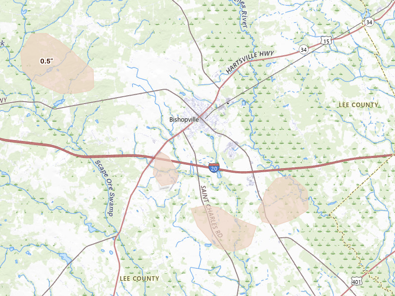 Radar-estimated hail-size map of the storm over Bishopville, SC on Aug 16, 2026