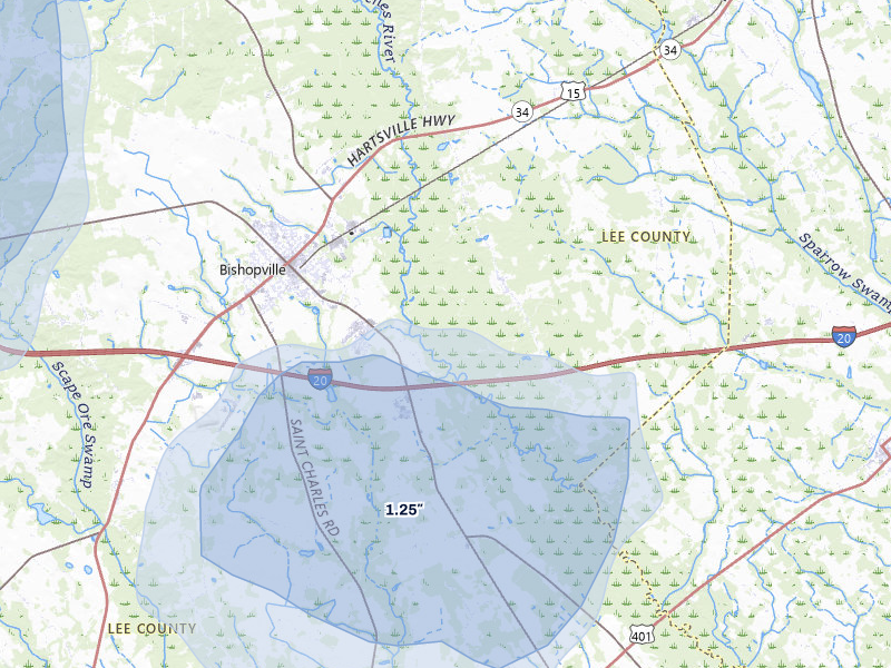 NEXRAD radar-signature map of the hail storm over Bishopville, SC on Aug 16, 2026
