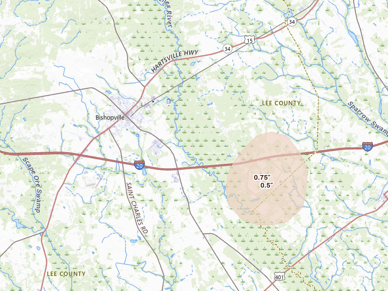 Radar-estimated hail-size map of the storm over Bishopville, SC