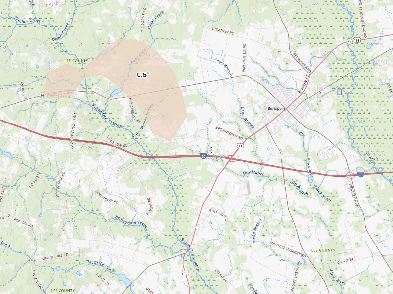 Radar-estimated hail-size map of the storm over Bishopville, SC