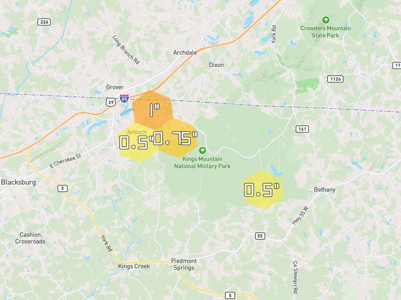 Hail map of Blacksburg, SC on Jul 29, 2026, hail up to 1"
