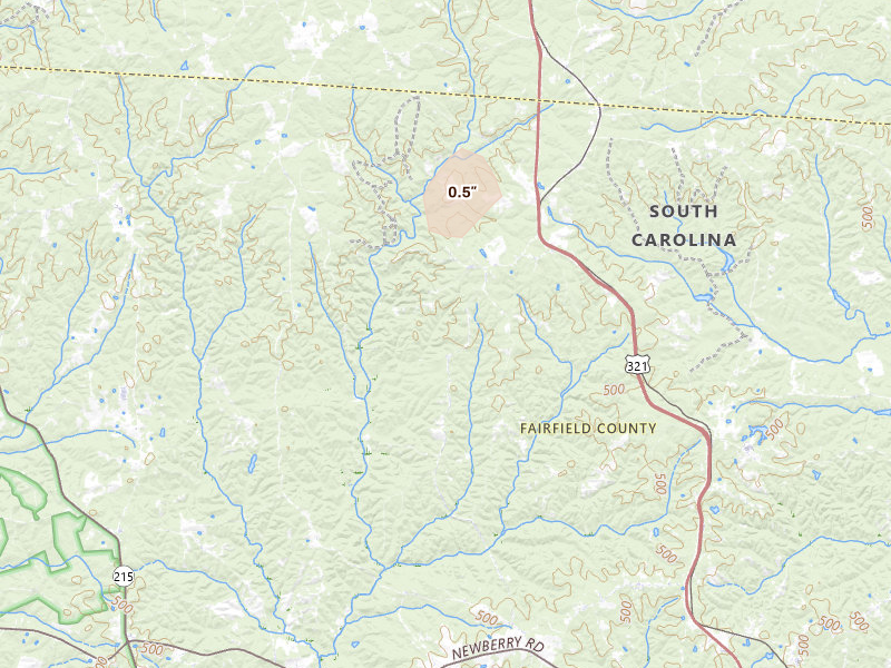 Radar-estimated hail-size map of the storm over Blackstock, SC on Jul 5, 2026