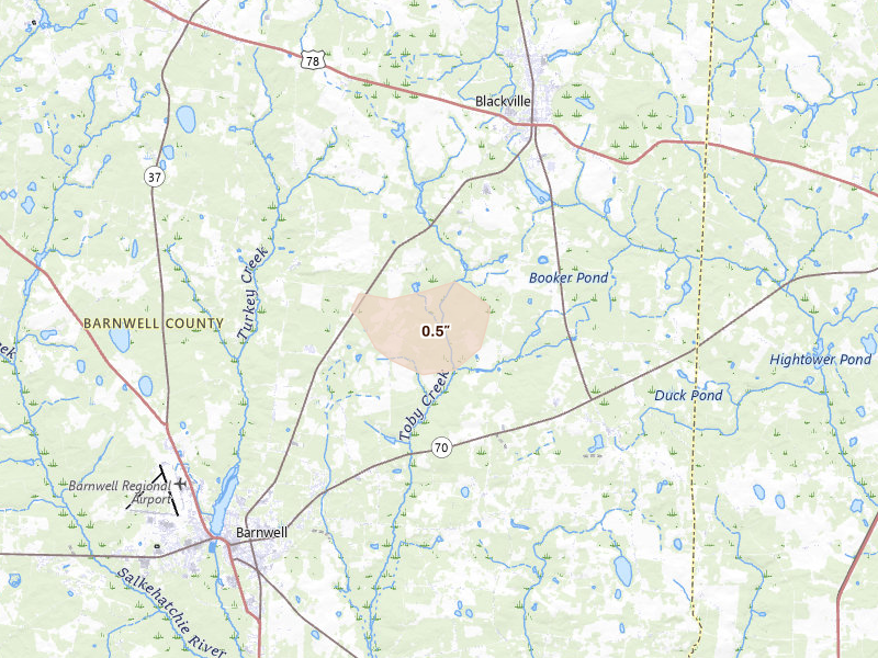Radar-estimated hail-size map of the storm over Blackville, SC