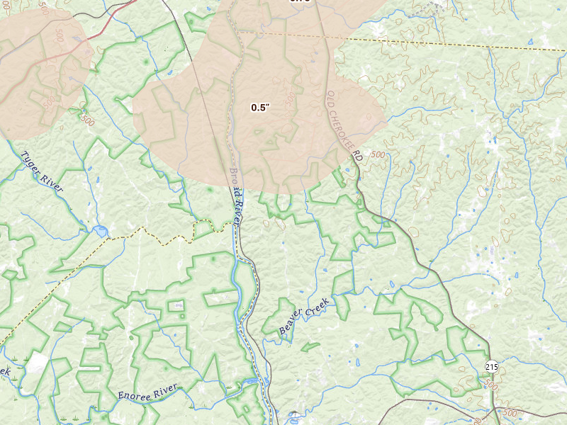 Radar-estimated hail-size map of the storm over Blair, SC on Aug 21, 2026