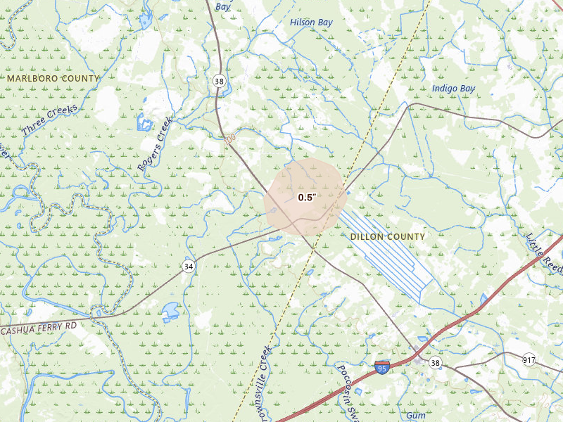 Radar-estimated hail-size map of the storm over Blenheim, SC on Jul 10, 2026